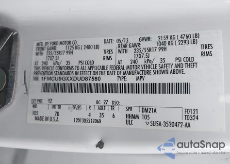 2013 Ford Escape Se z USA, uszkodzony, nr VIN 1FMCU9GXXDUD87580